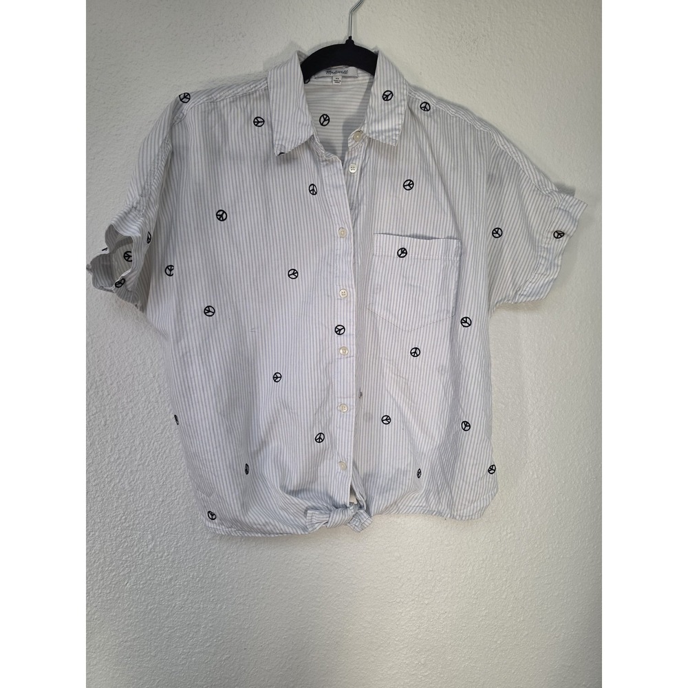 Madewell Striped Button-Up Shirt XS Women White Blue Cotton Short Sleeve Top